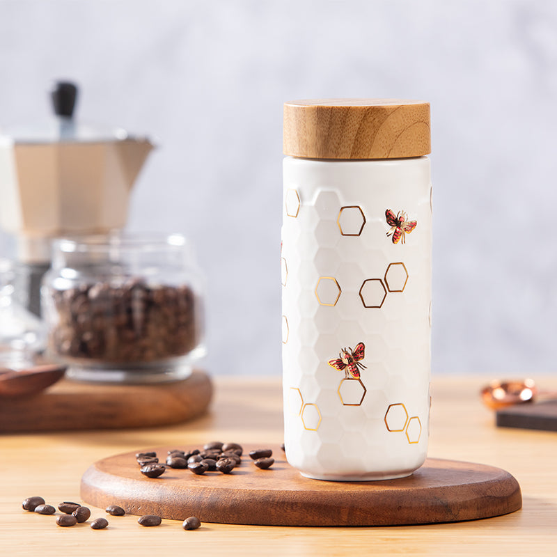 Honey Bee Ceramic Travel Mug / Gold 12.3 oz