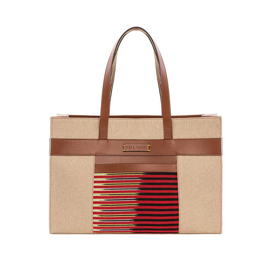 Tobacco Leather & Canvas Tote Bag with Pockets