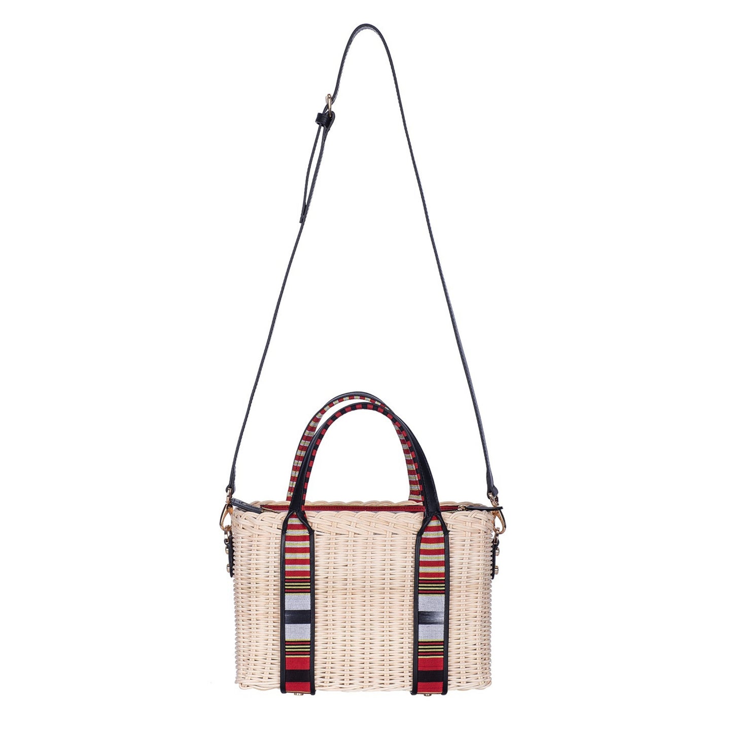 woven rattan women bag with leather detailings. accented with handmade Turkish textile