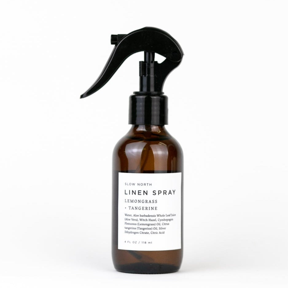 Linen Spray - Lemongrass + Tangerine in 4 ounce amber bottle by Slow North