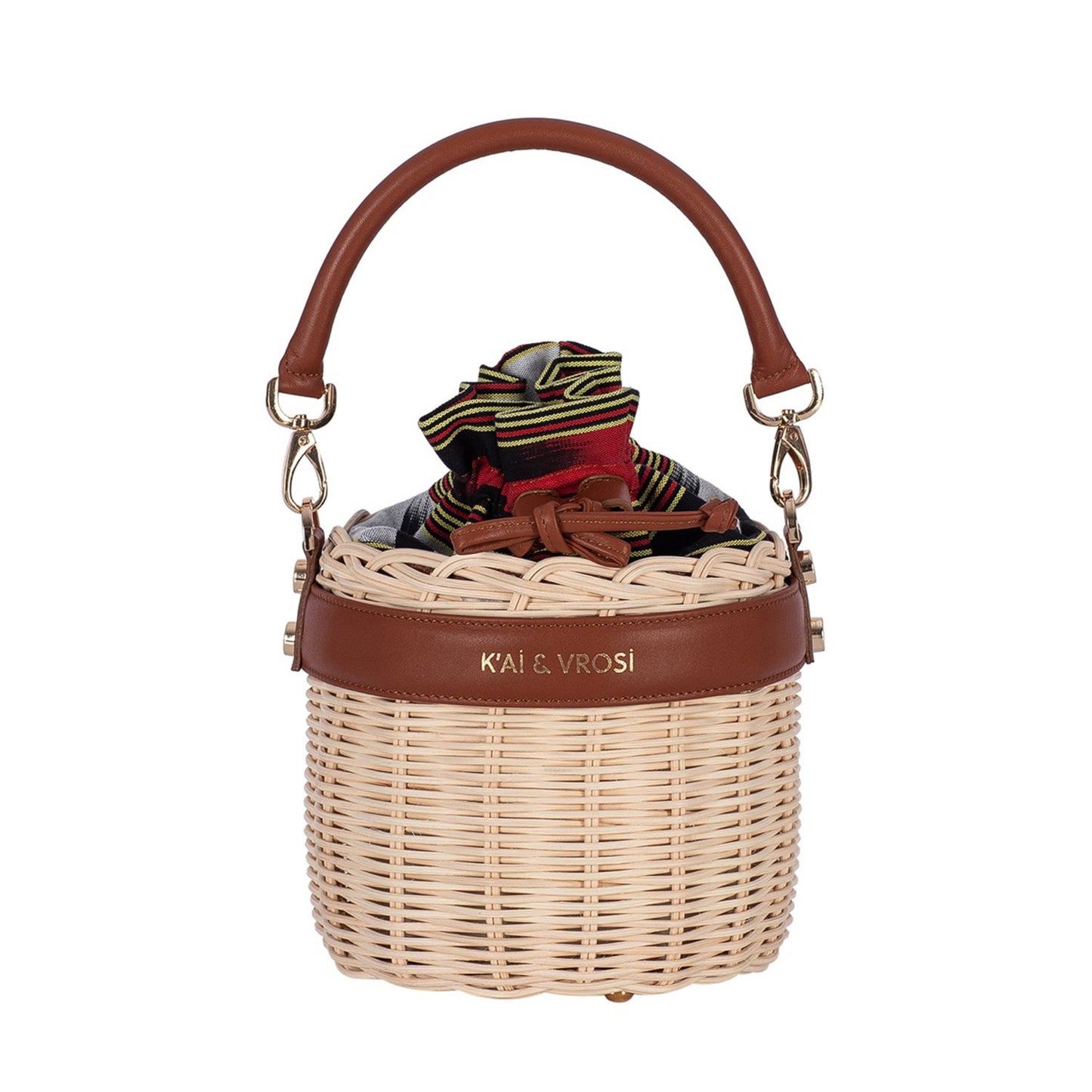 Okordule brown, round shaped woven rattan handbag with leather top handle