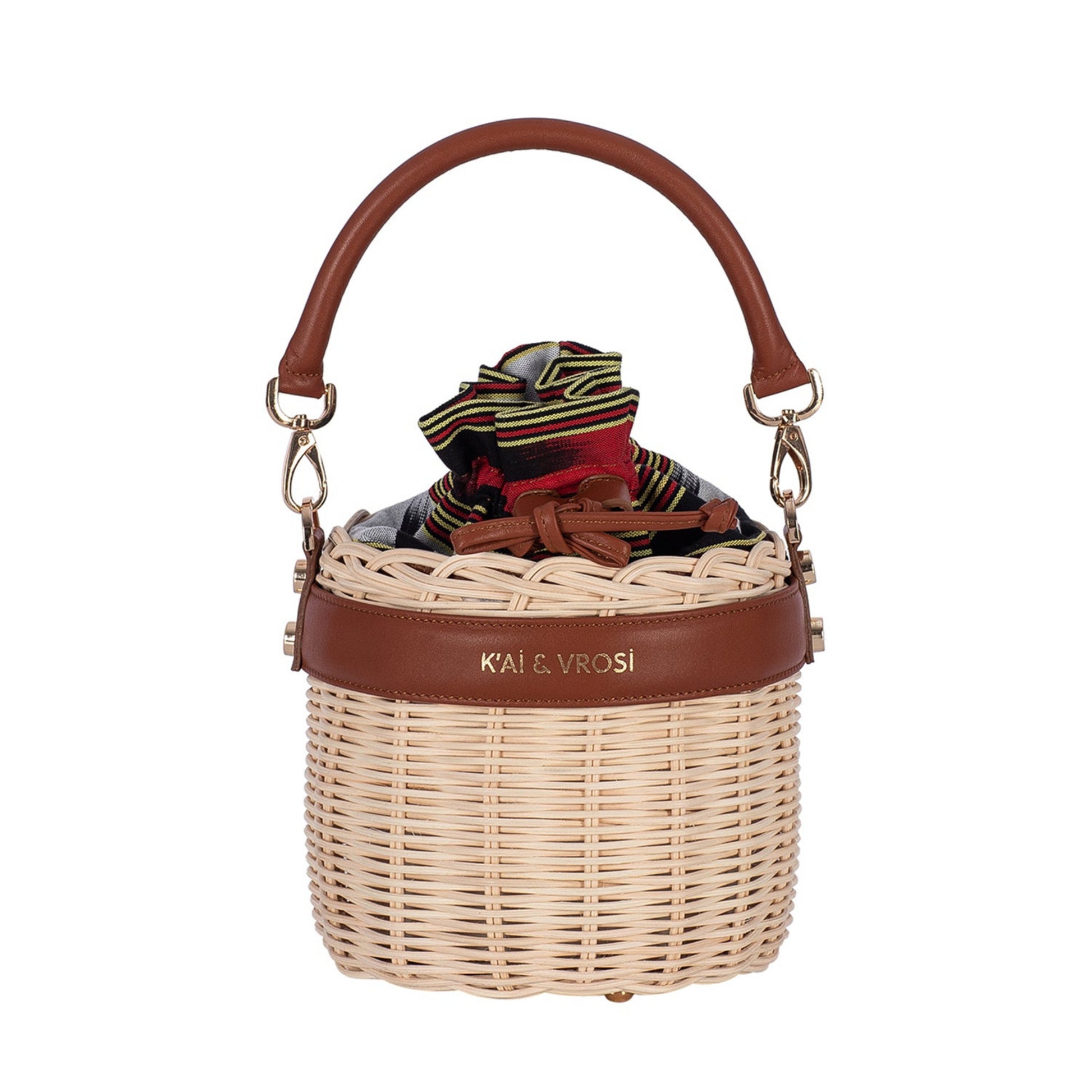 Okordule brown, round shaped woven rattan handbag with leather top handle