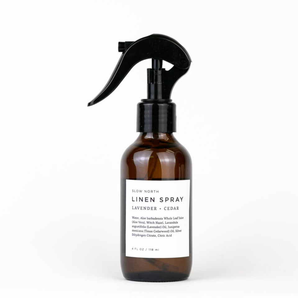 Linen Spray - Lavender + Cedar in 4 ounce amber bottle by Slow North