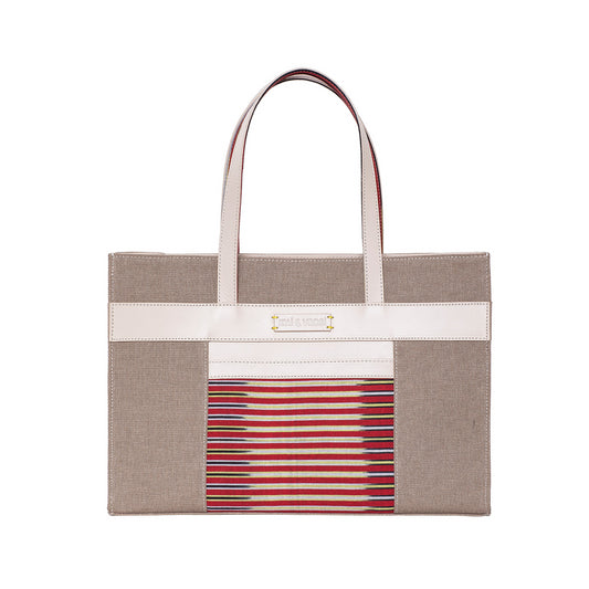 Zua cream canvas leather work tote with a K'ai&Vrosi embossed logo