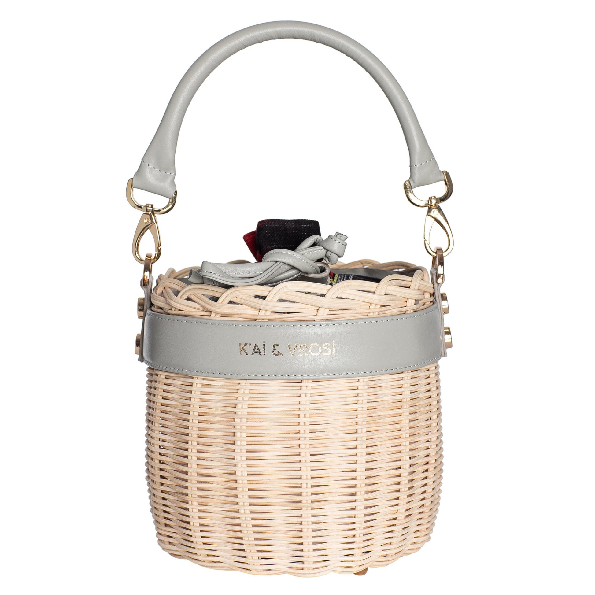 Okordule gray, round shaped woven rattan handbag with leather top handle