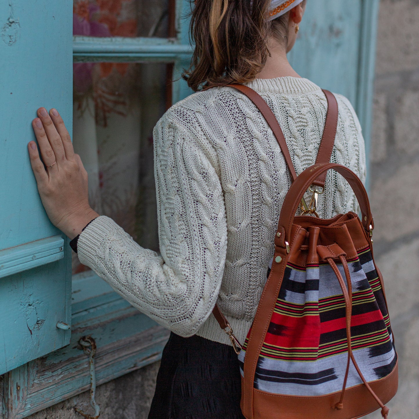 Brown Leather & Fabric Pattern Convertible Bag