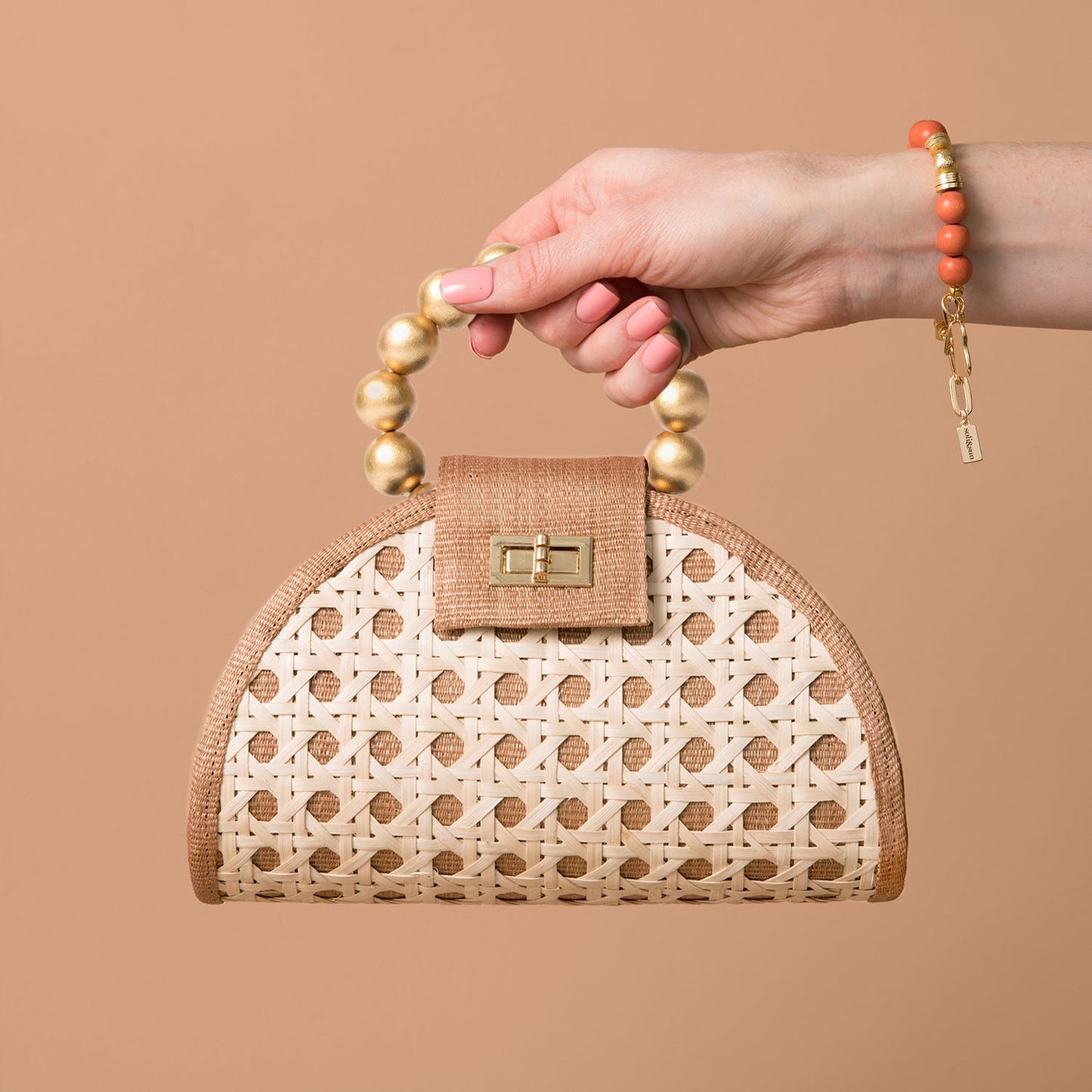 THE BELLA Tan & Gold Rattan Woven Handbag