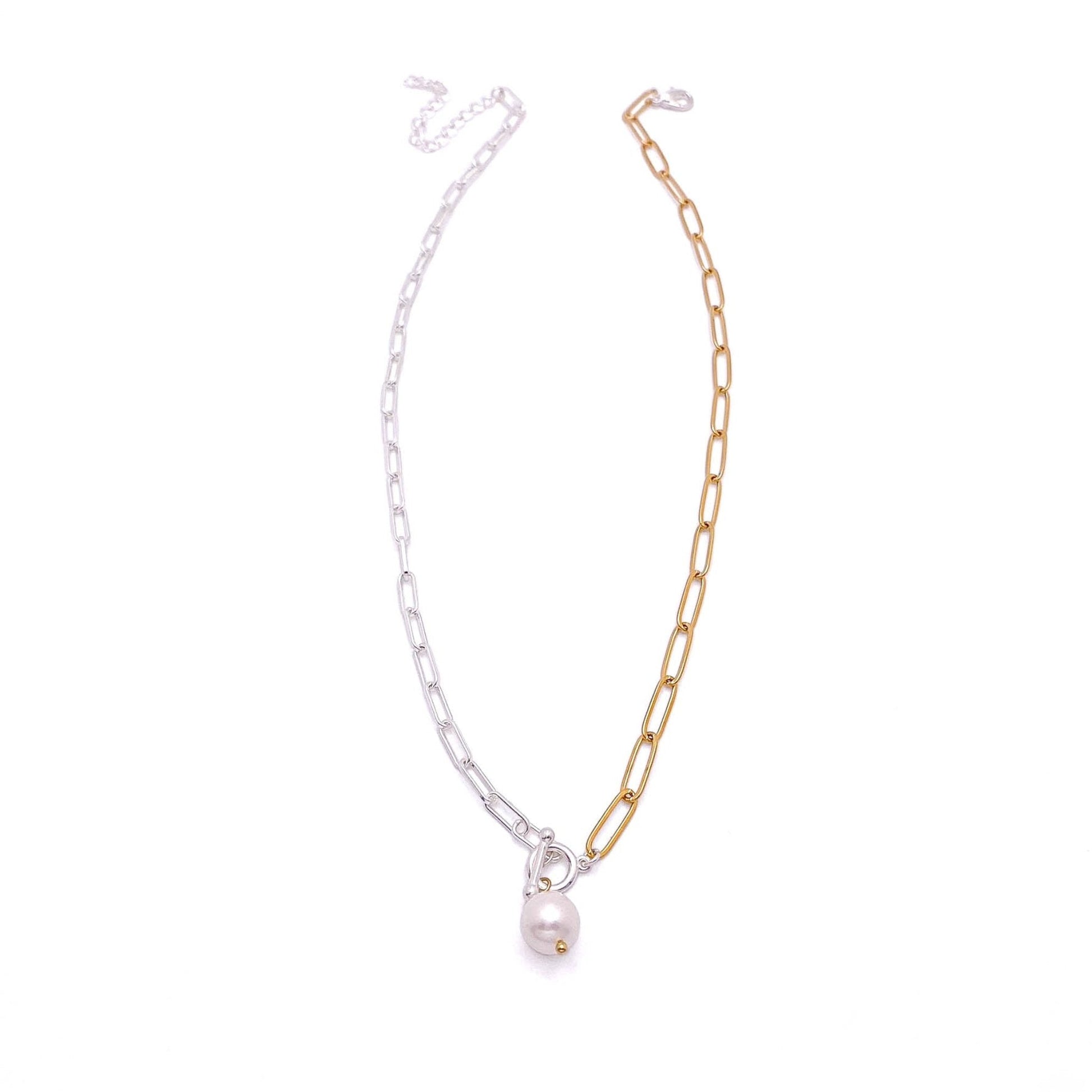 Gold silver pearl paperclip necklace