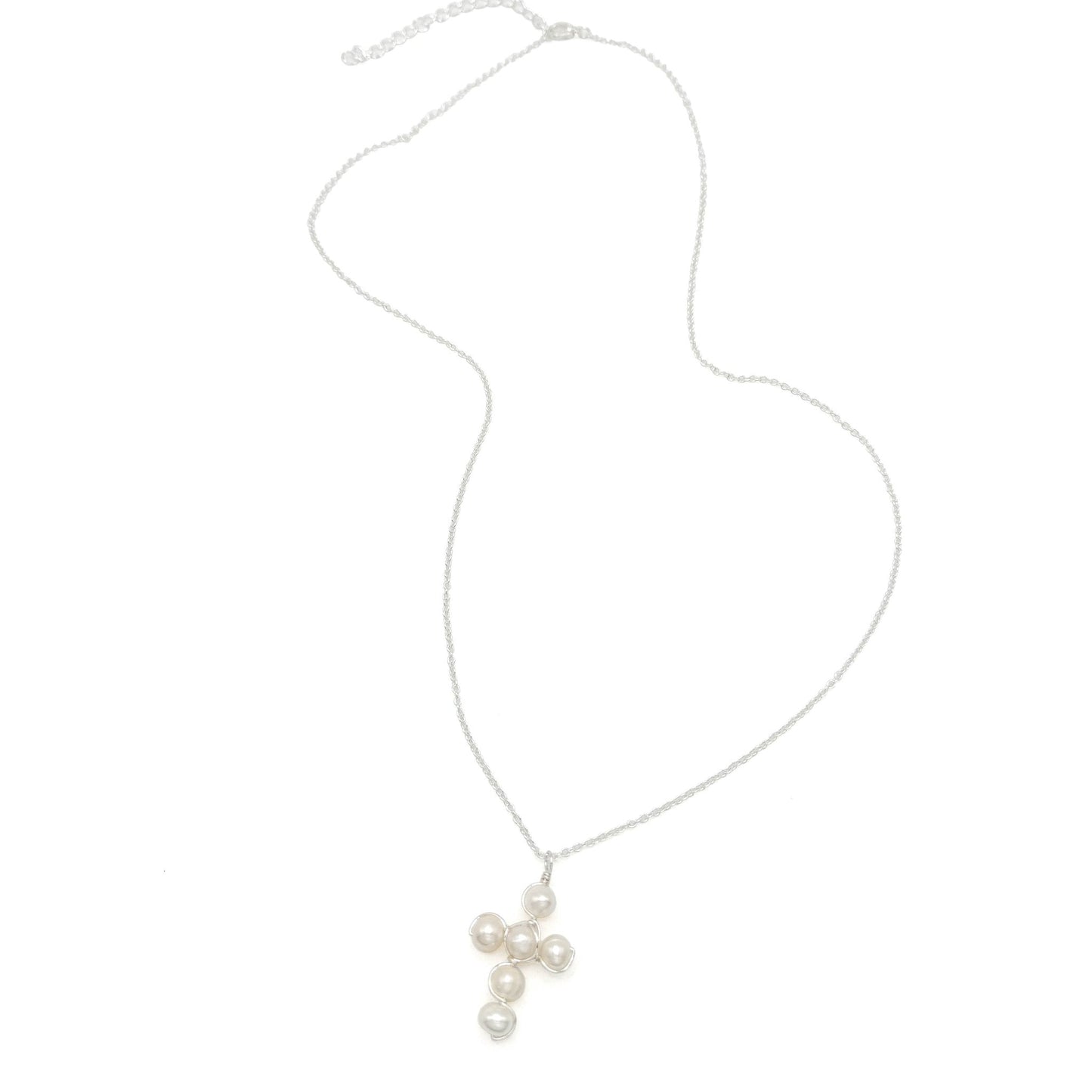 Pearl cross silver long necklace