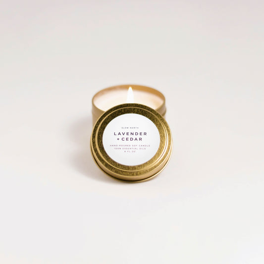 Lavender + Cedar soy wax candle in 6 ounce gold travel tin by Slow North