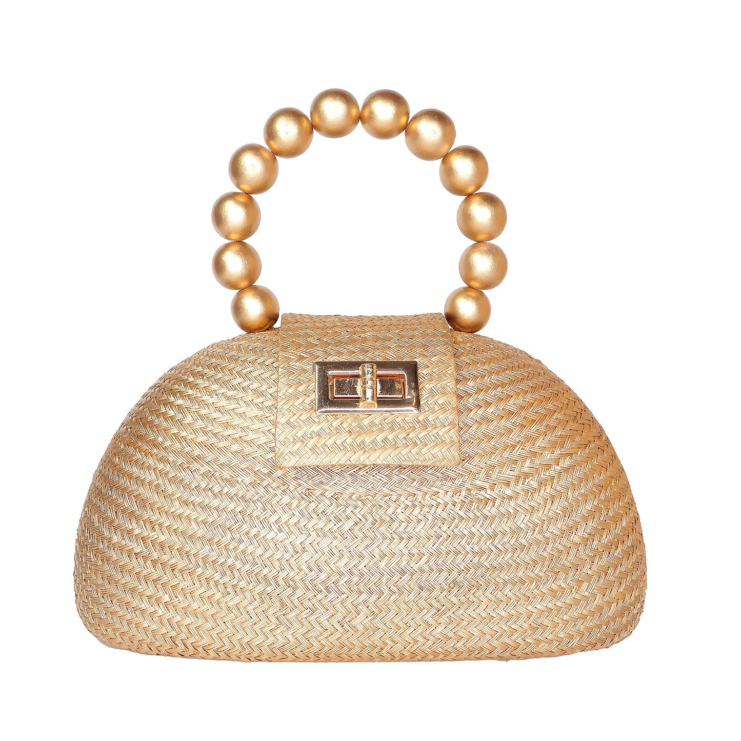 THE ORLA Gold Woven Straw & Wooden Bead Statement Clutch Bag