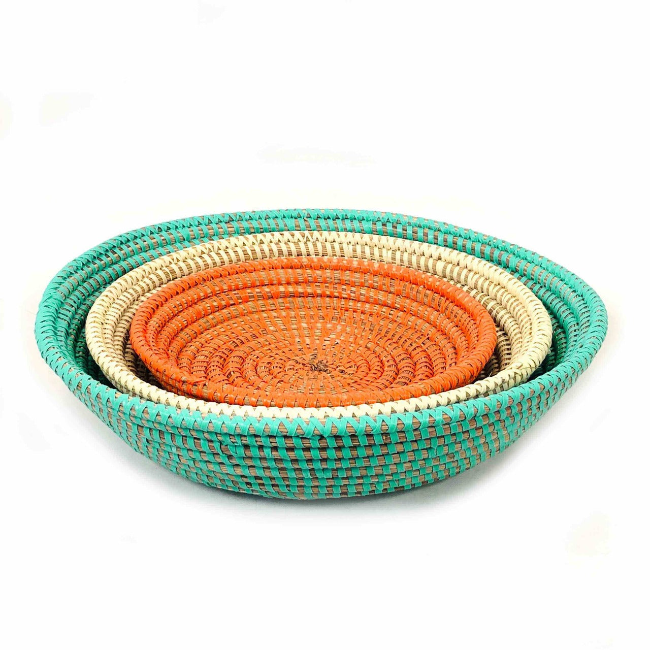 tabletop basket set of 3 turquoise, orange and off white