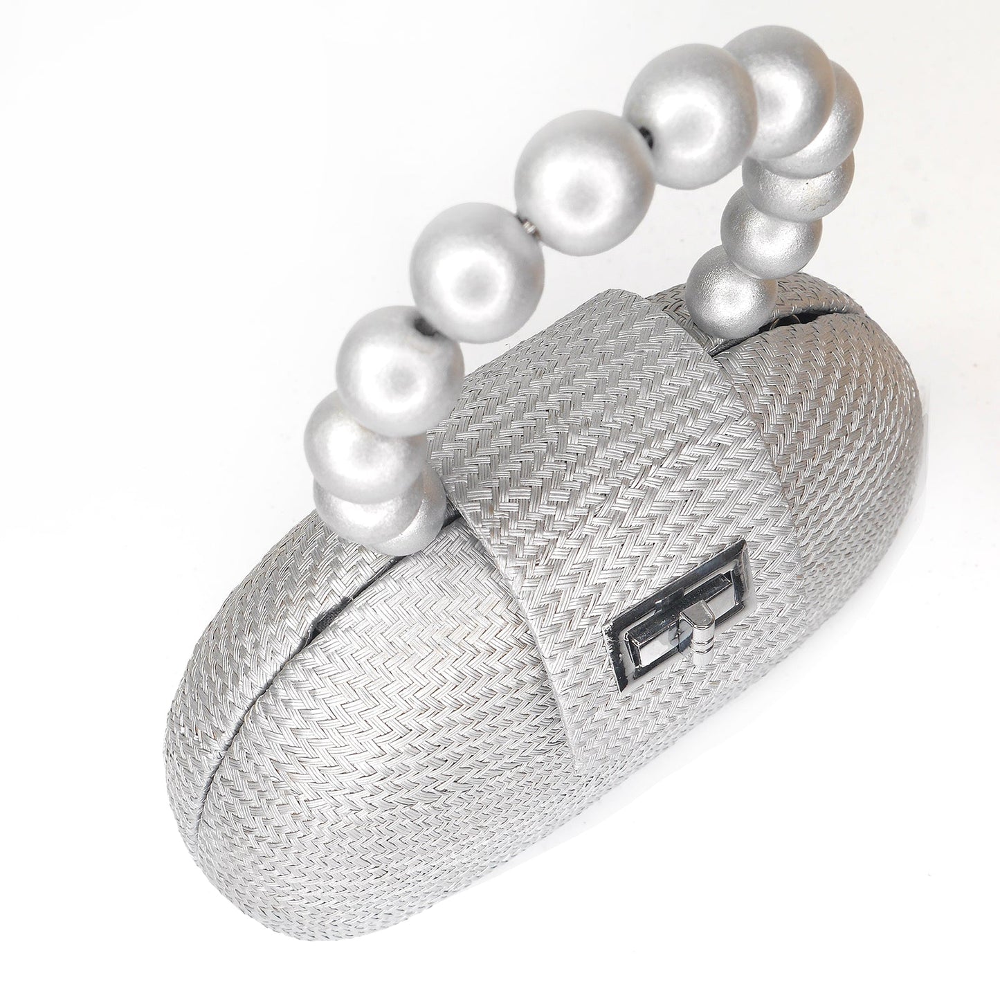 THE ORLA Silver Woven Straw & Wooden Bead Statement Clutch Bag