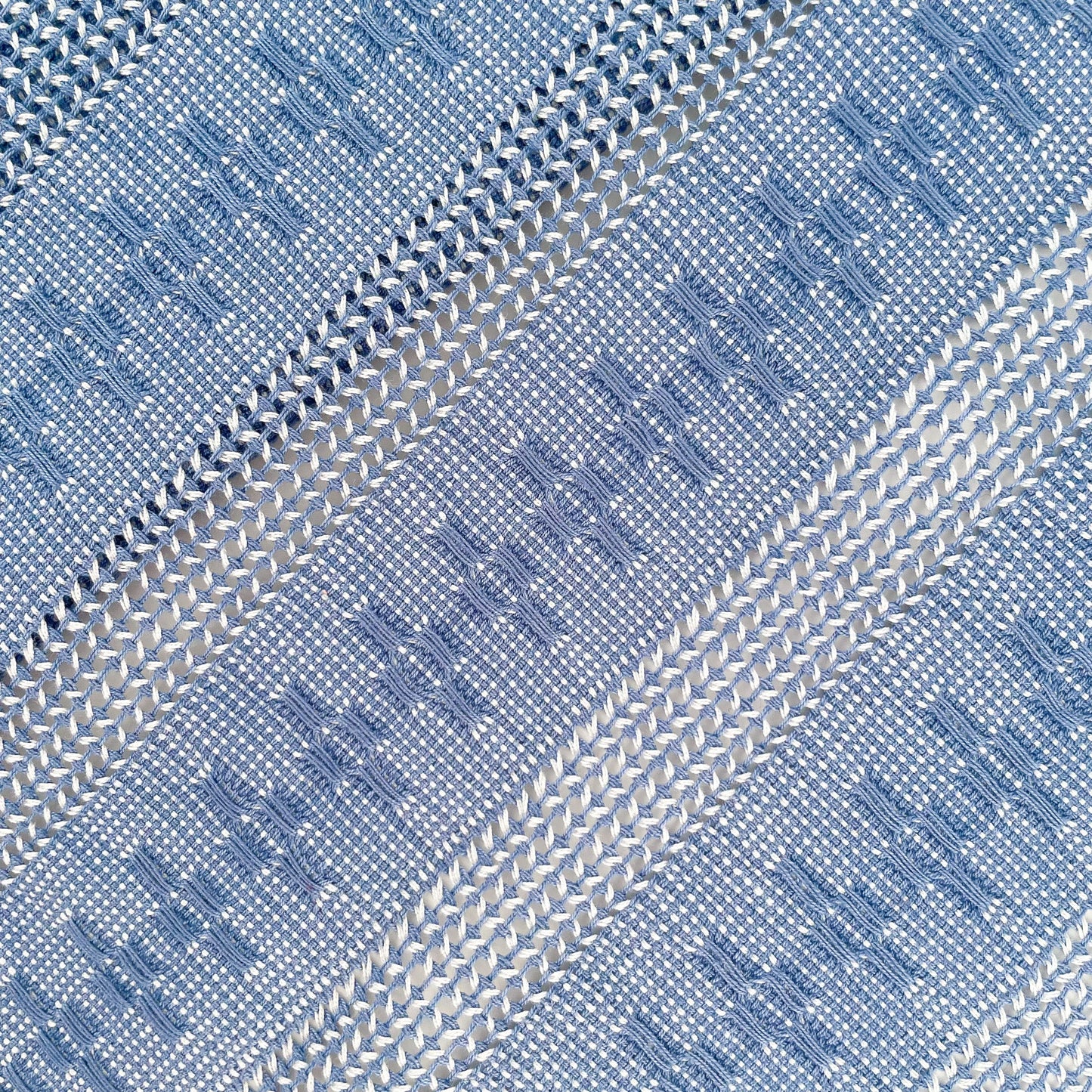 Closeup of view of Calado Table Runner in Blue, showing detail of alternating calado patterns