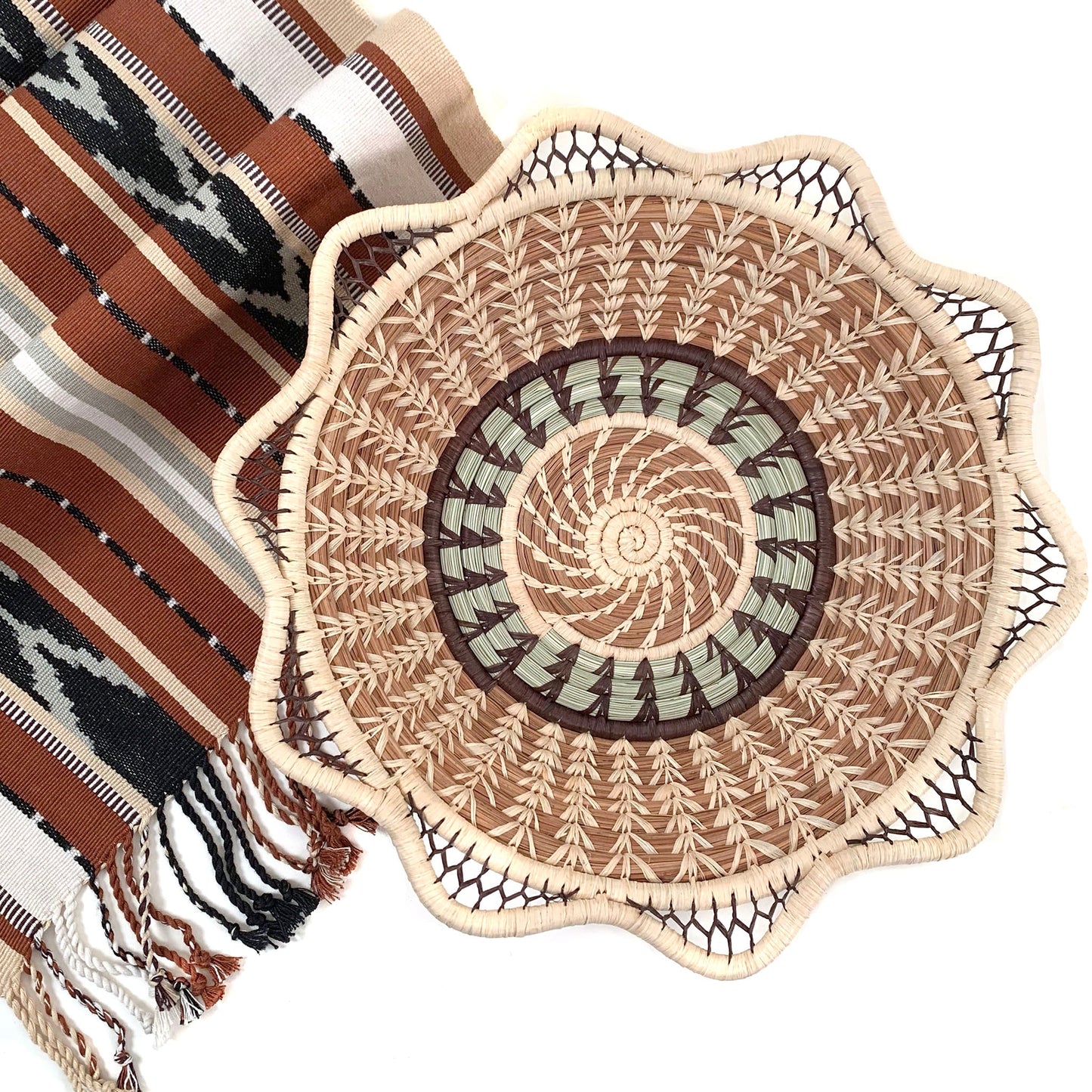 pine needle basket with handwoven table runner