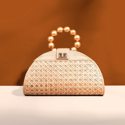 THE ISABELLA Tan Rattan Solihiya Weave and Gold Bead Top Handle Statement Bag