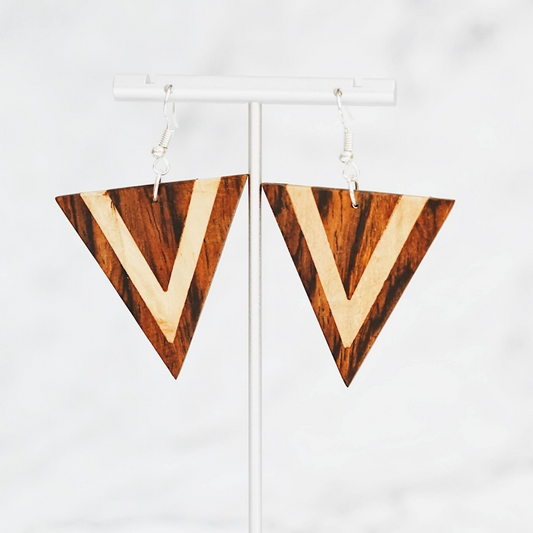 Large Dual-Tone Wood Triangle Earrings