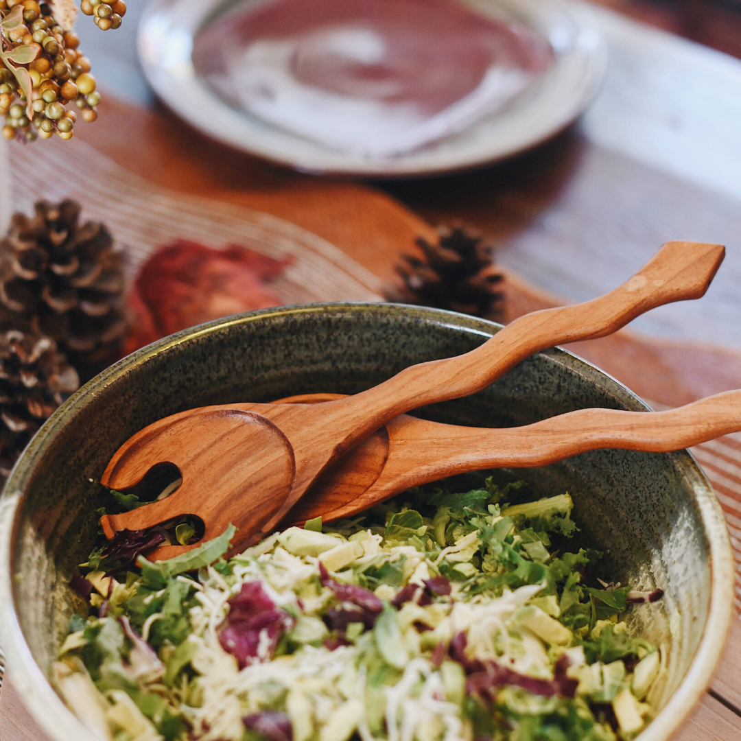 Hand Carved Wood Salad Serving Set