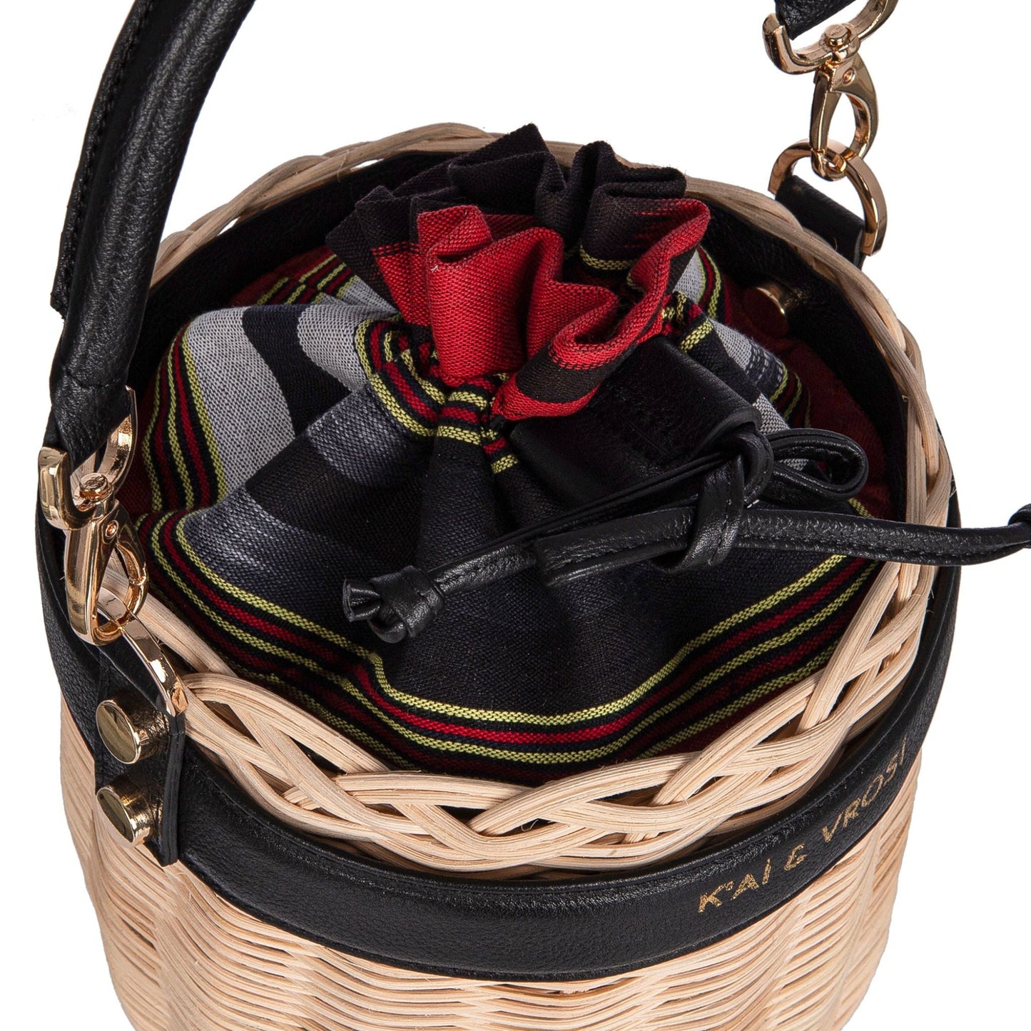 Black Leather & Straw Bucket Bag with Drawstring