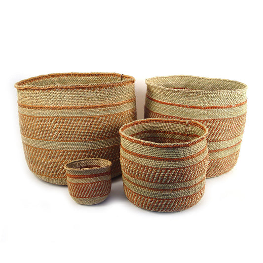 Iringa basket from Tanzania, natural with auburn stripe pattern - Image 1