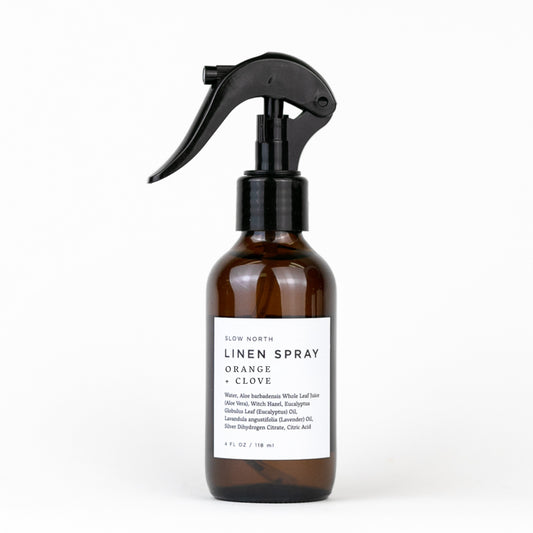 Linen Spray - Orange + Clove in 4 ounce amber bottle by Slow North