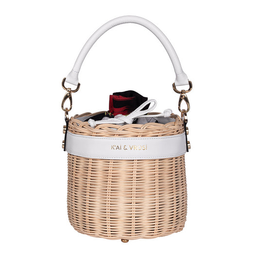 Okordule white, round shaped woven rattan handbag with leather top handle